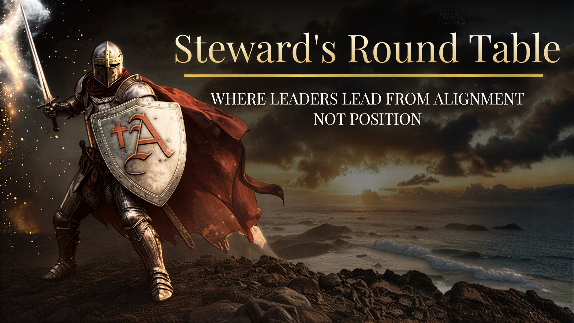 TEXT READ tHE sTEWARDS rOUND TABLE HAS A KNIGHT IN METAL ARMOR HOLDING A SWORD AND ASHIELD WITH A CR