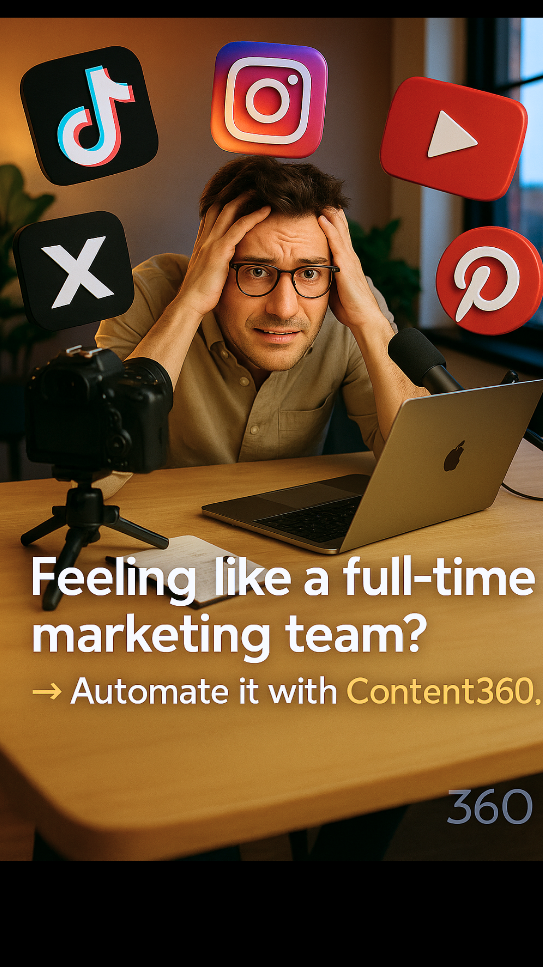 Content360 ad. Showing man overwhelmed by managing social media before content 360 automation