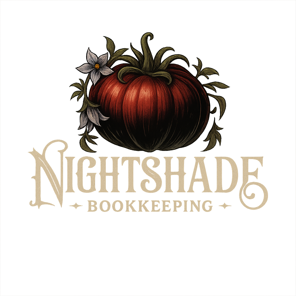Logo for Nightshade Bookkeeping featuring a detailed, vintage-style illustration of a deep red